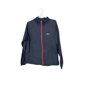 ASICS Jacket Mens Medium Blue Hooded Lightweight Running Windbreaker Zip Front